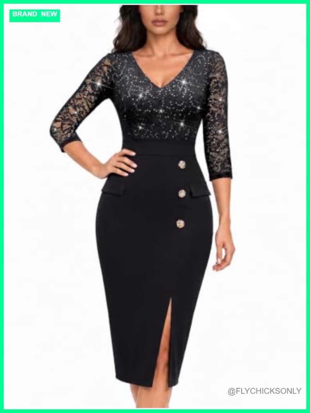 Vintage Sequin Lace V-Neck Bodycon Midi Semi-Formal Dress